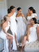 Wihite One Shoulder Satin Long Pleating Slit Wedding Bridesmaid Dresses, WGM041