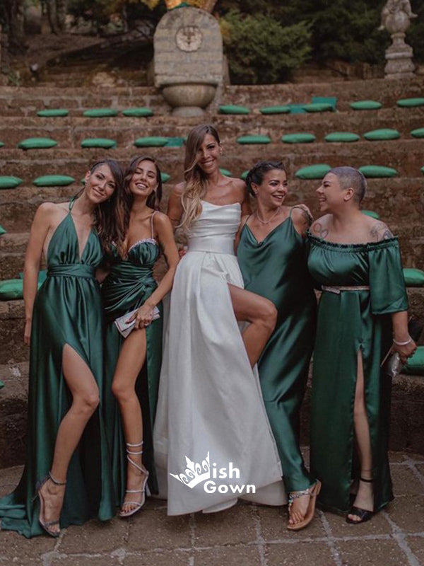 Dark Green Pleated Mismatched Soft Satin A-line Side Slit Bridesmaid Dresses, WGM052