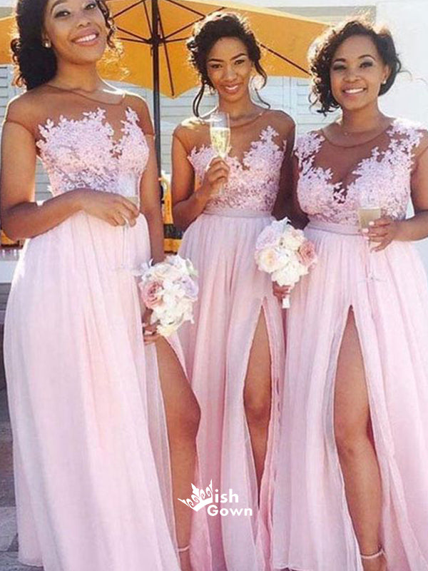 Pretty Light Pink Lace Applique A Line Chiffon Side Slit Long Bridesmaid Dresses, WGM096
