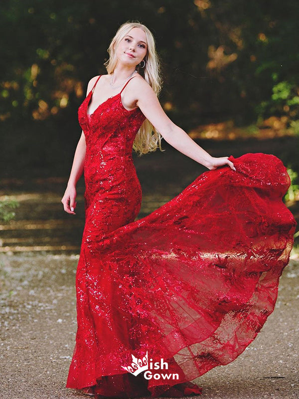 Sexy Spaghetti Straps Mermaid Appliqued Sequin Red Cheap Long Prom Dresses, WGP002