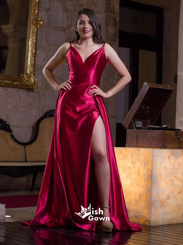 Chic Red Spaghetti Straps V-back High Split Satin Prom Dresses WGP007