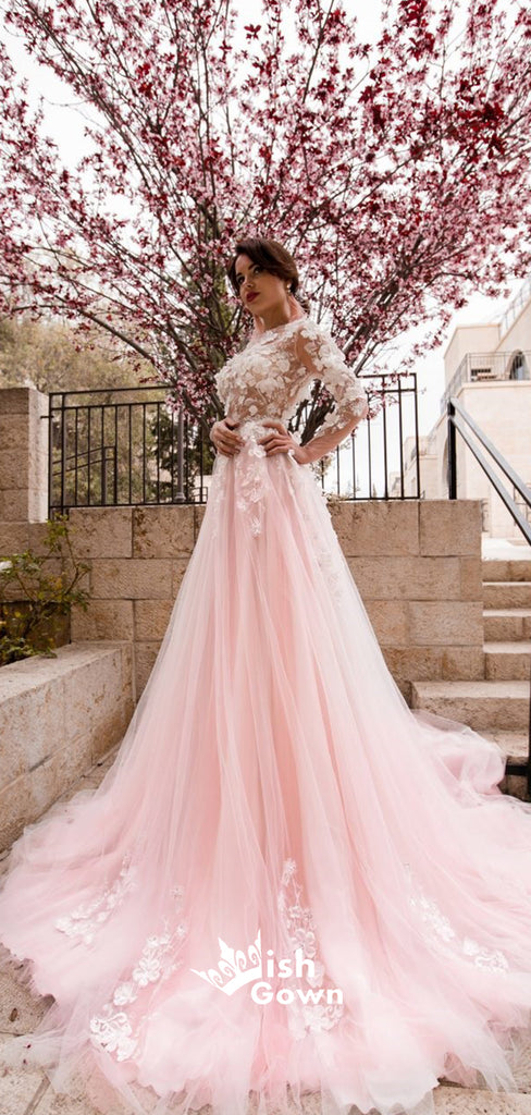 Sweet Pink Ball Gown Tulle Applique Long Sleeve A Line Prom Dresses, WGP010