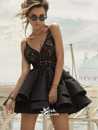 Harming Spaghetti Strap Lace Top Black Stain Short Homecoming Prom Dress, WGP014