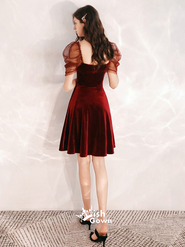 Puff Sleeves Sweetheart Red Velvet Knee-length Freshman Graduation Homecoming Dress, WGP040