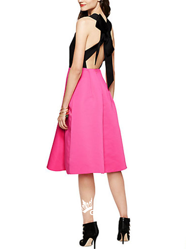 Black and Peach Pink Colour Block Bow Back Satin Tea-length Homecoming Prom Dress, WGP059