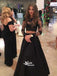 Popular Two Pieces Long Sleeves Black Lace Satin Long Prom Dresses, WGP063