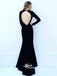 Simple Black Open Back V-neck Long Sleeves Side Split Evening Prom Dresses, WGP069