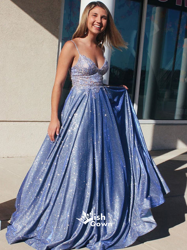 Sparkle Blue A-line Lace Spaghetti Strap Top Evening Gown Long Prom Dresses, WGP081
