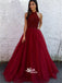 Burgundy A-line Tulle Sparkly Sequins Halter Top Long Wedding Party Prom Dress, WGP092