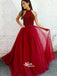 Burgundy A-line Tulle Sparkly Sequins Halter Top Long Wedding Party Prom Dress, WGP092