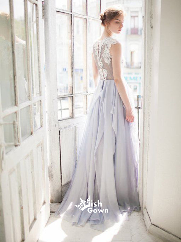Grey Blue Chiffon A-line Appliques White Lace Top Cheap Wedding Dress Long Prom Dresses, WGP096