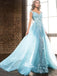 Ice Blue Applique See Through Mermaid V-neck Tulle A-line Long Evening Prom Dresses, WGP098