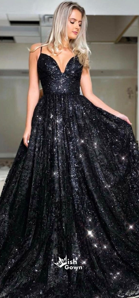 Black Sequins Lace Up Back Spaghetti Strap A-line Long Prom Dresses , WGP122