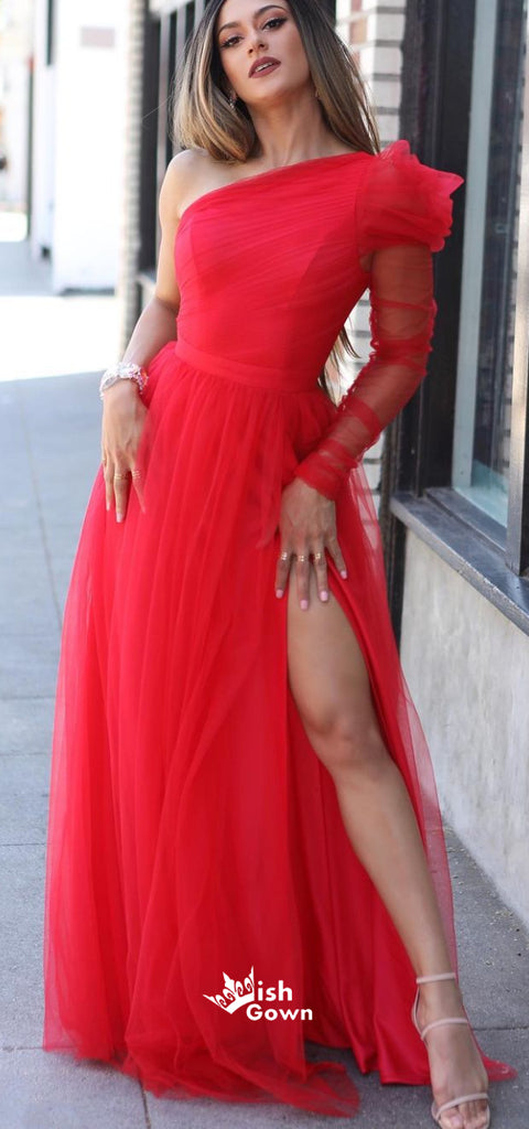 Chic Red Tulle One Shoulder A-line Side Split Long Prom Dresses , WGP124
