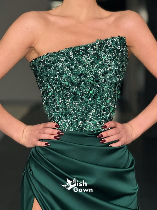 Green Sequins Top High Slits Satin Mermaid Evening Gowns Prom Dresses, WGP188
