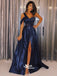 Navy Blue One Shoulder Shiny Sequins Split A-Line Evening Gowns Prom Dresses, WGP192