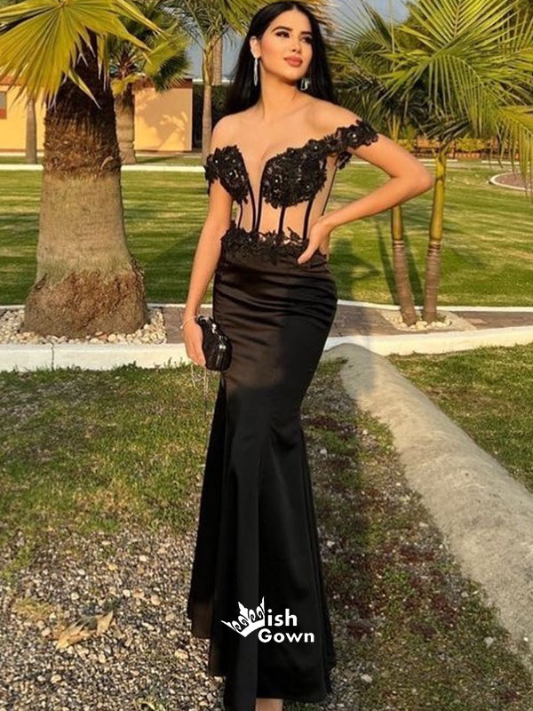 Off Shoulder Black Appliques Sweetheart Satin Mermaid Evening Gowns Prom Dresses, WGP198