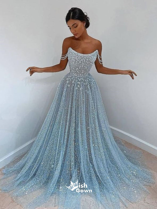 Blue Sky Sparkle Strapless Appliques Sequins A-line Evening Gowns Prom Dresses, WGP203