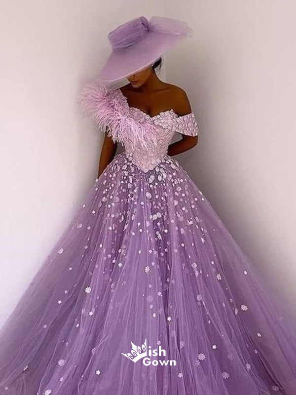Purple Sweetheart Off Shoulder Appliques Tulle A-line Evening Gowns Prom Dresses, WGP205