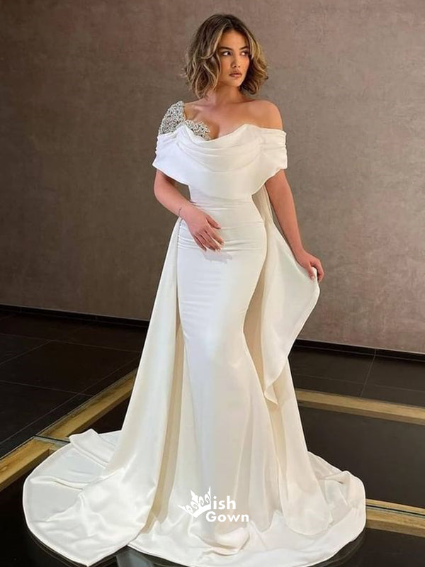 Asymmetrical Off Shoulder Rhinestones White Satin Pleats Mermaid Evening Gowns Prom Dresses, WGP209