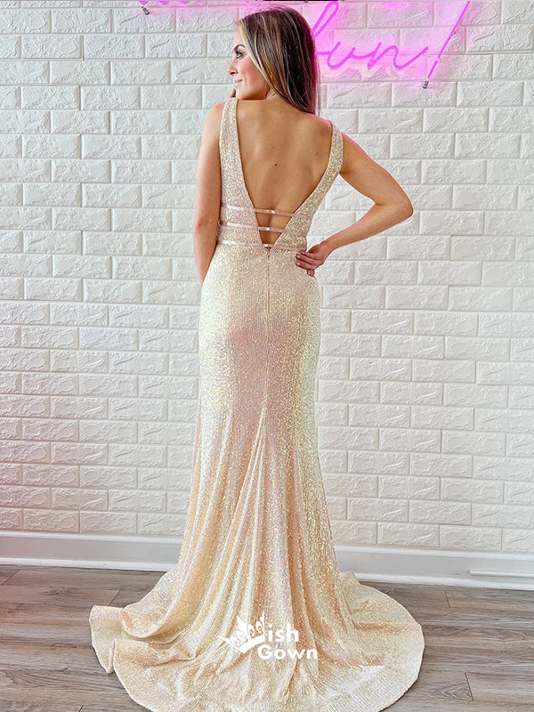 Sparkly Sequins Deep V-neck Backless Sexy Mermaid Evening Gowns Prom Dresses, WGP210