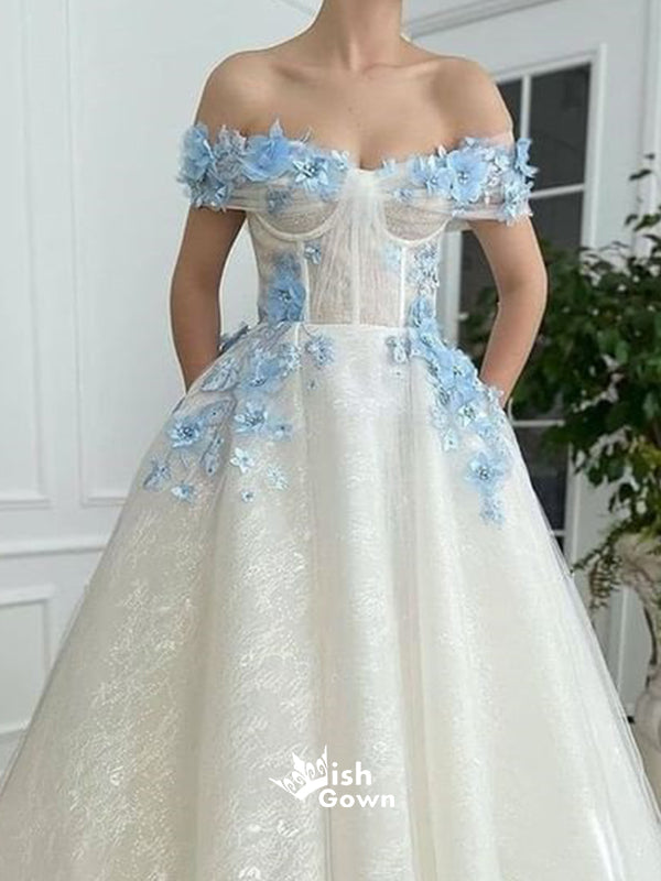 Off Shoulder Blue Handmade Flowers A-line Evening Gowns Prom Dresses, WGP226