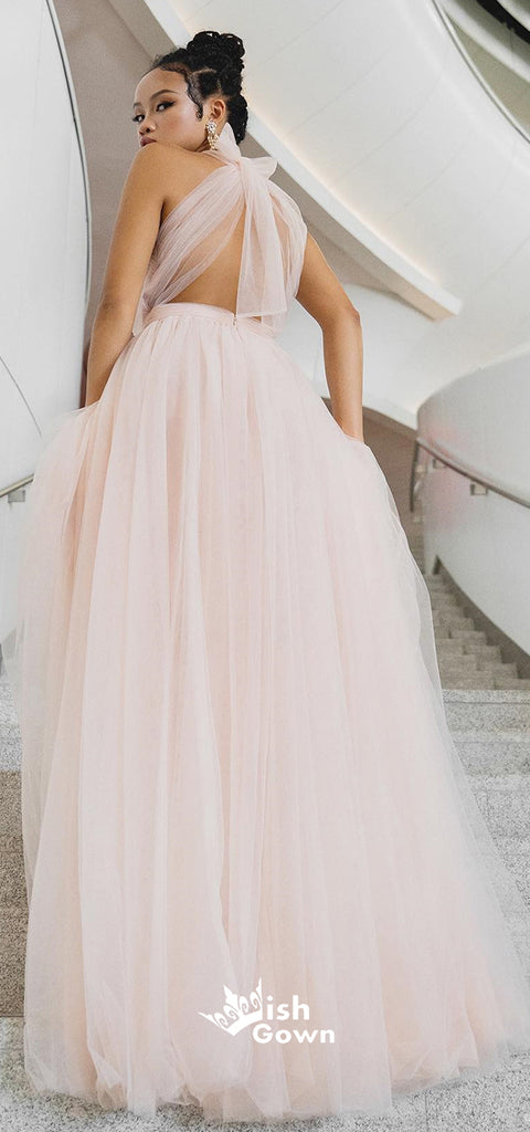 Pale Pink Halter Pleats Tulle A-line Lace-up Back Evening Gowns Prom Dresses, WGP228