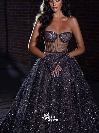 Black Starry Sky Sequins Shinny A-line Sweetheart Strapless Evening Gowns Prom Dresses, WGP238