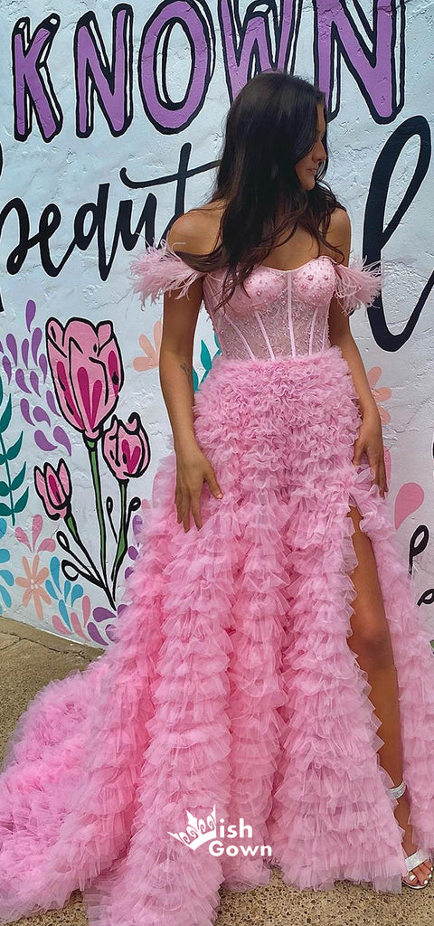 Pink Feathers Off Shoulder Beaded Tulle Thousand Layers Puffy A-line Evening Gowns Prom Dresses, WGP239