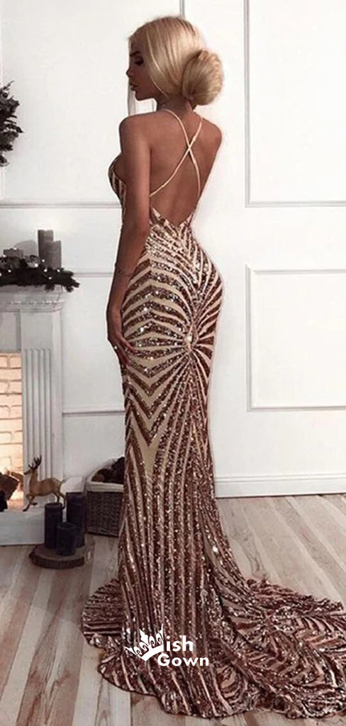 Sequin Mermaid Rose Gold Lace Long Evening Prom Dresses Sparkly Party Prom Dresses, WGP241
