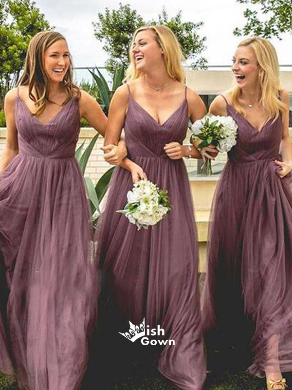 Elegant Purple V-neck Spaghetti Strap Long Bridesmaid Dresses, YPS137