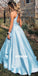 Popular Light Blue A-line Halter Long Prom Dresses PG1182
