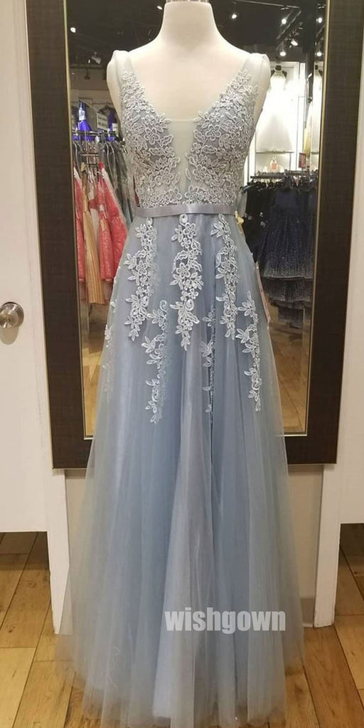 Elegant Applique A-line Tulle Long Prom Dresses PG1184