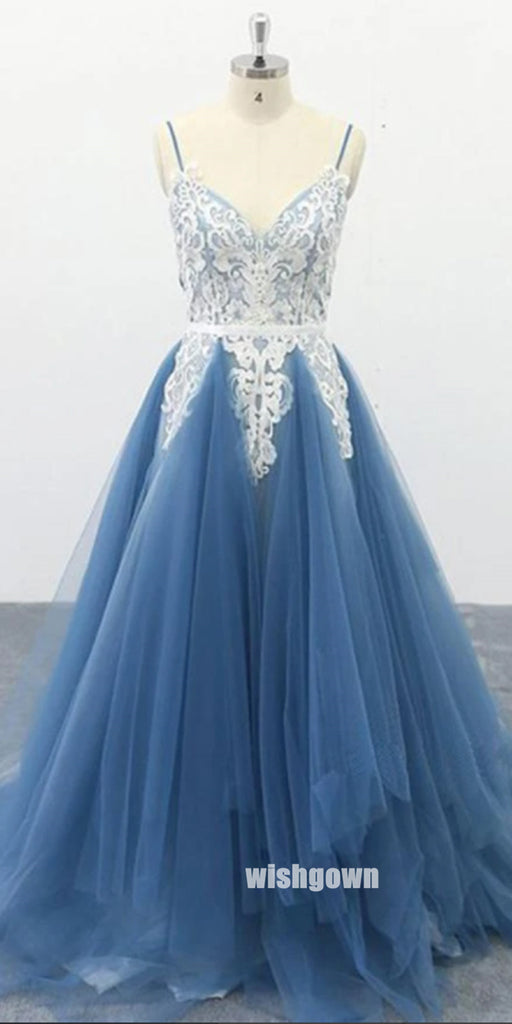 Elegant V-neck Spaghetti Strap Lace Tulle Long Prom Dresses PG1214