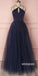 Navy-blue Spaghetti Straps Tulle Long Prom Dresses PG1233