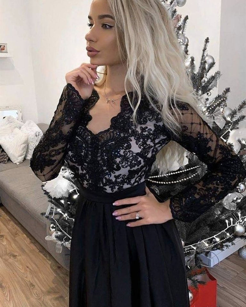 Sexy V-neck Black Lace Long Sleeves Long Prom Dresses, PG1250