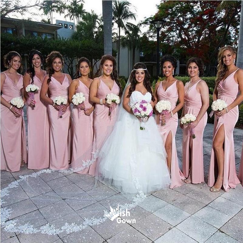 Simple Pink Mermaid Side Slit Long Bridesmaid Dresses Online, WGM153