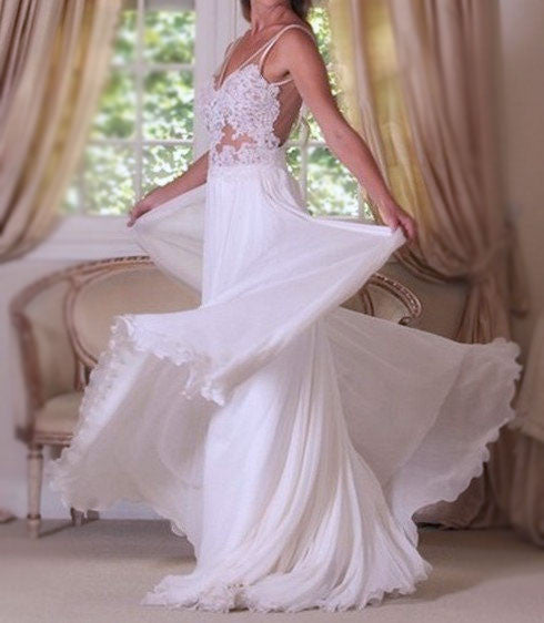 V-back Sexy Long White Lace Wedding Party Dresses, Chiffon Bridal Gown, WD0091