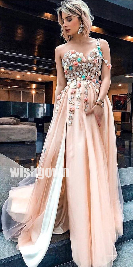 Sweetheart A-line Side Slit Applique Long Prom Dresses PG1117