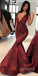 Burgundy V Neck Satin Applique Long Evening Prom Dresses, MD1125