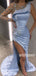 One Shoulder Long Sleeve Side Split Blue Long Prom Dresses PG1171