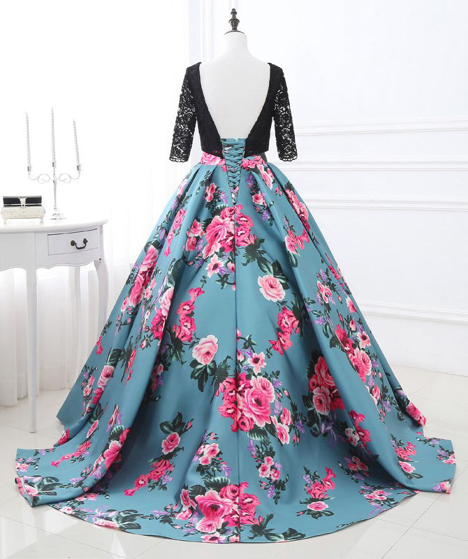 Half Sleeves Black Lace Satin Flowers Long Prom Dresses, SG132