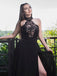Black Chiffon Lace Halter Side Slit A Line Formal Prom Dresses, SG142