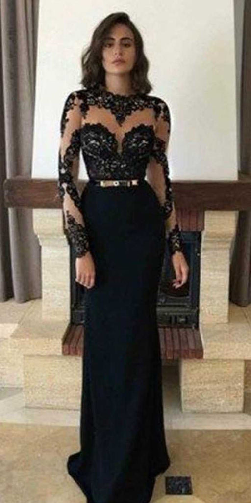 Long Sleeves Black Elegant Affordable Long Prom Dresses, SG109