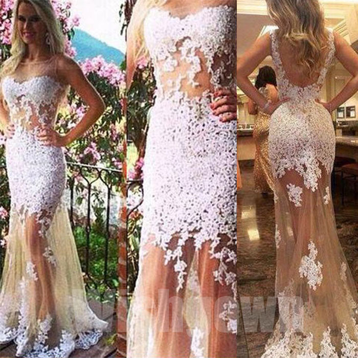 Popular Seen Through Sexy Mermaid Backless Cheap Lace Long Prom Dresses, WG1070