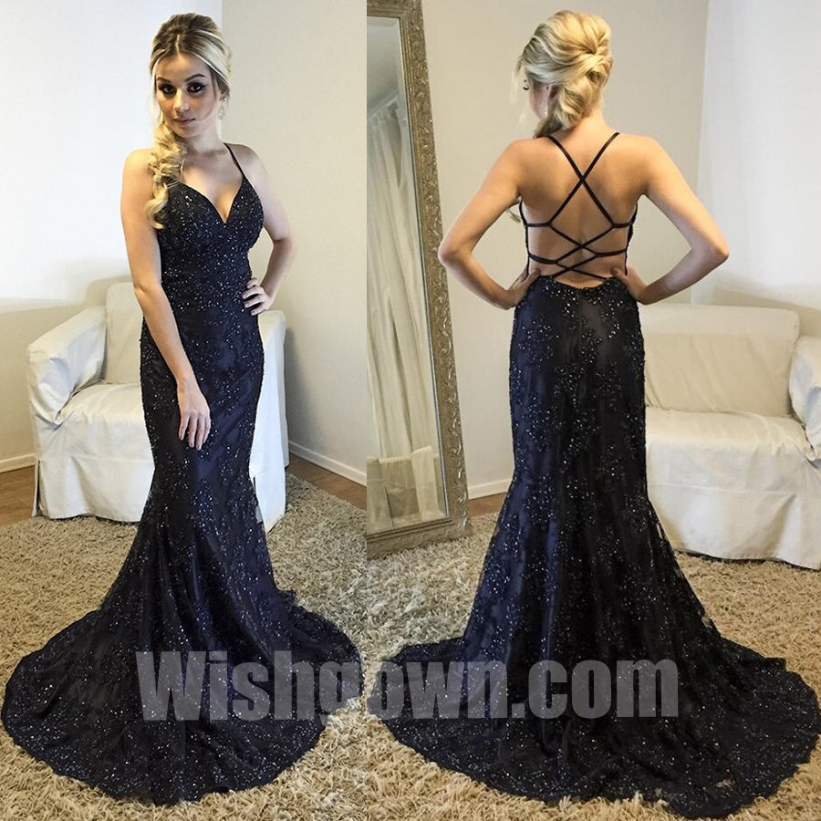Black Lace Open Back Sexy Mermaid Cheap Long Prom Dresses, WG1090 - Wish Gown