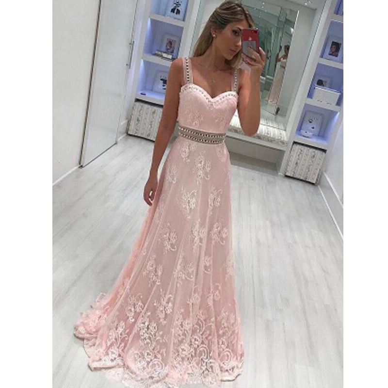 Spaghetti Strap Sweetheart Pink A Line Prom Dresses, SG146