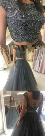 2 Pieces Open Back Cap Sleeves Beaded Gray Cheap Long Prom Dresses, WG779 - Wish Gown