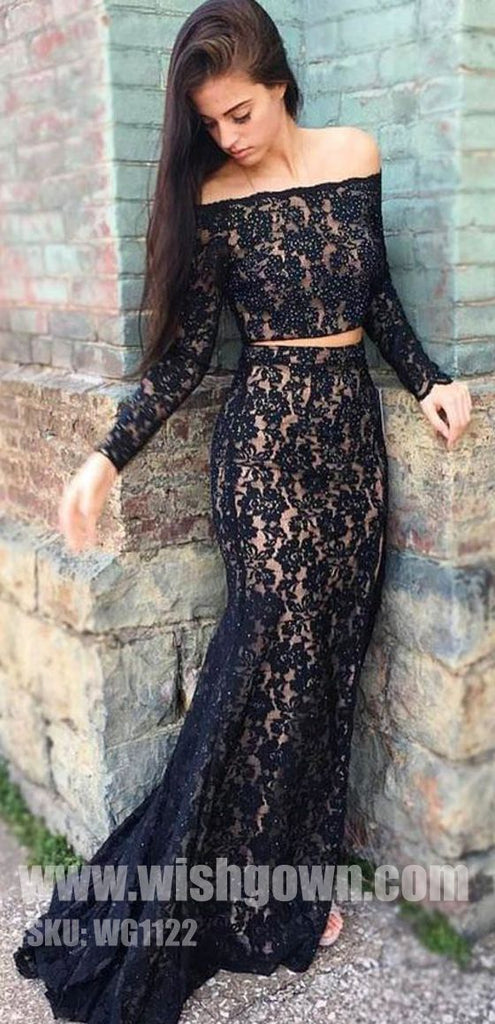 Two Pieces Off the Shoulder Long Sleeves Mermaid Black Long Prom Dresses, WG1122