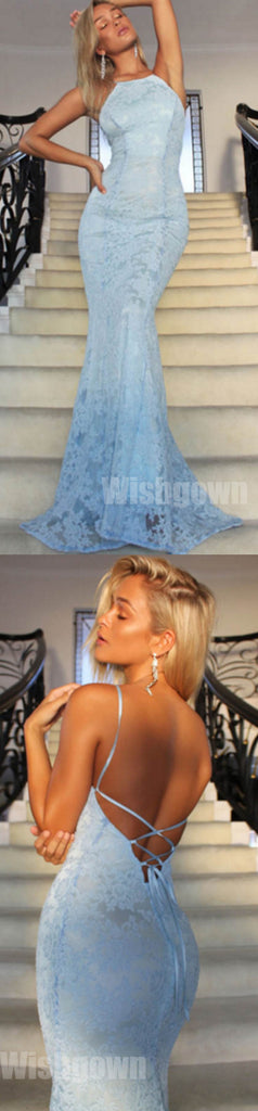 Blue Sexy Mermaid Lace Open Back Cheap Long Prom Dresses, WG1065 - Wish Gown